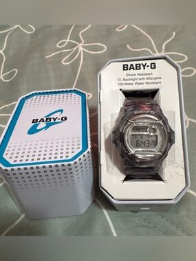 Casio Baby-G Gray Digital Kids Watch with White/Turquoise Tin